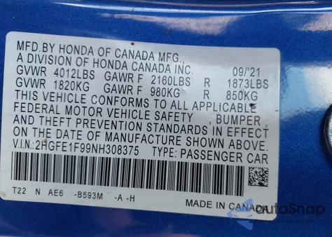 2022 Honda Civic Touring from USA, damaged, VIN 2HGFE1F99NH308375